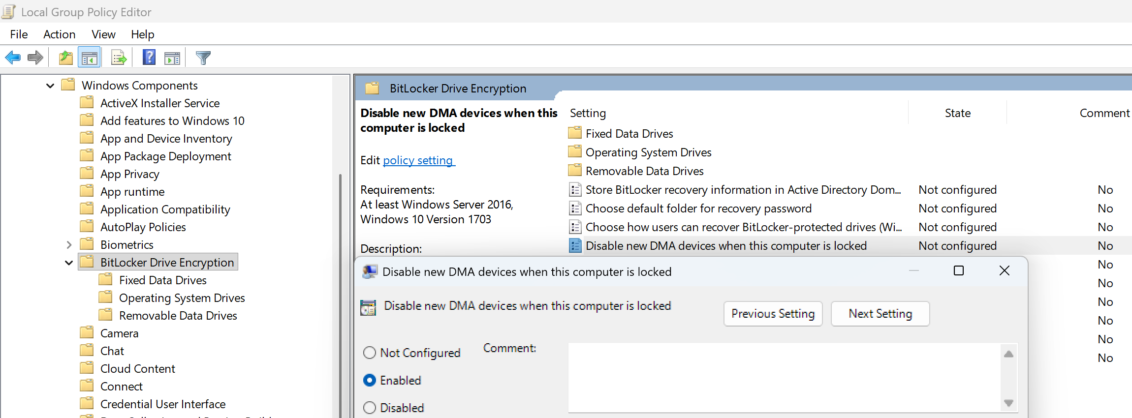 Group Policy: Disable DMA when locked