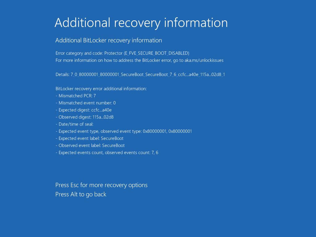 BitLocker Recovery Screen with Secure Boot disabled