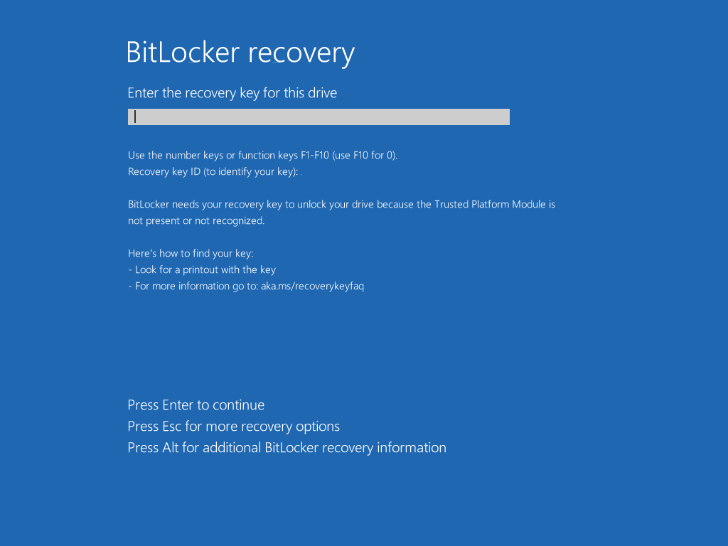BitLocker Recovery Screen with TPM disabled