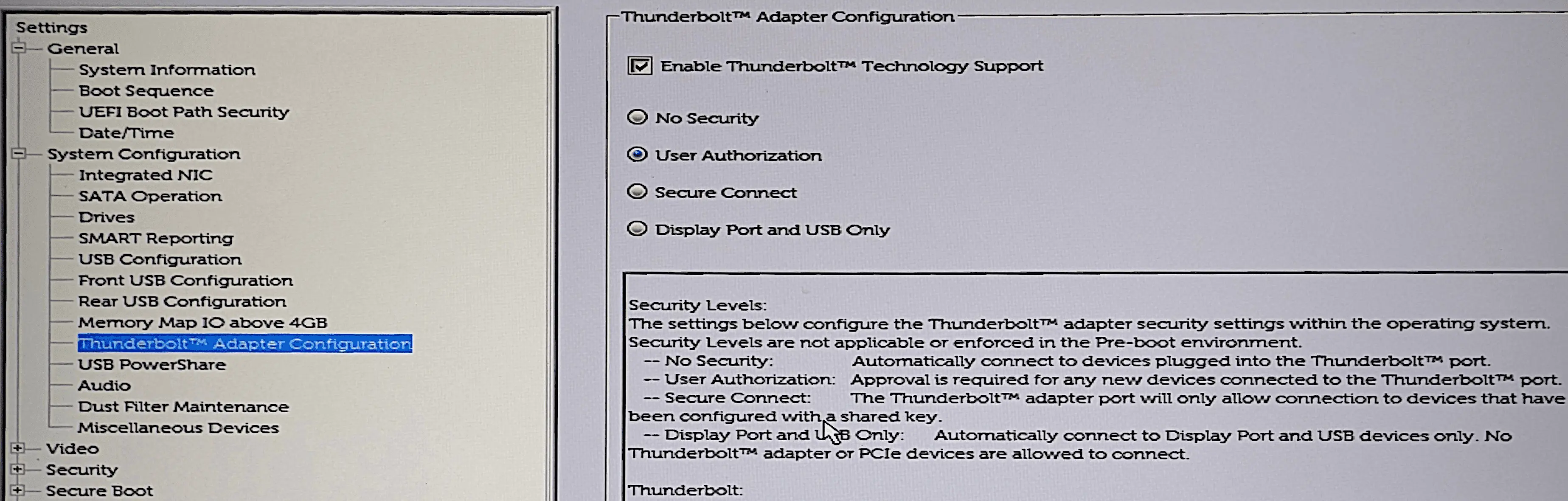 Thunderbolt Adapter Configuration - DELL BIOS
